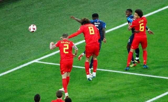 World Cup - Semi Final - France v Belgium - Saint Petersburg Stadium, Saint Petersburg, Russia - July 10, 2018 France's Samuel Umtiti scores their first goal REUTERS/Max Rossi