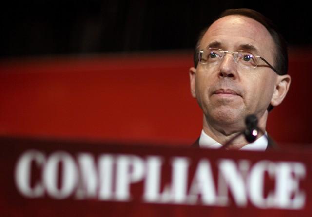 U.S. Deputy Attorney General Rod Rosenstein speaks at the Compliance Week 13th Annual Conference in Washington, U.S., May 21, 2018. REUTERS/Joshua Roberts/File Photo