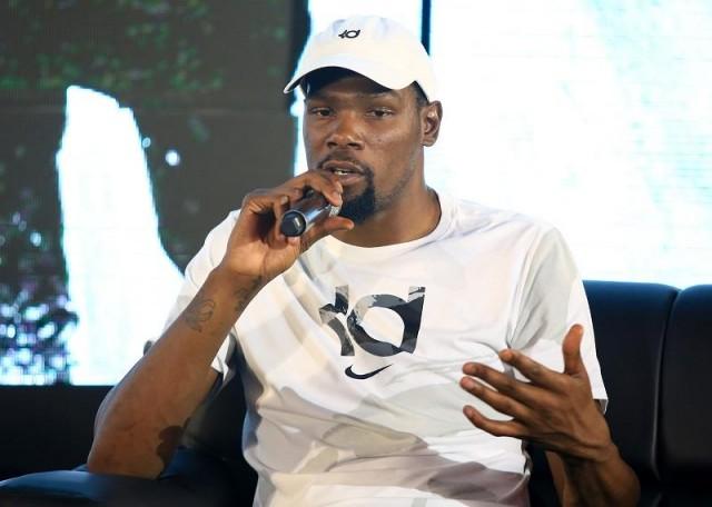 Kevin Durant speaking to Philippine media on Sunday at Whitespace in Makati.