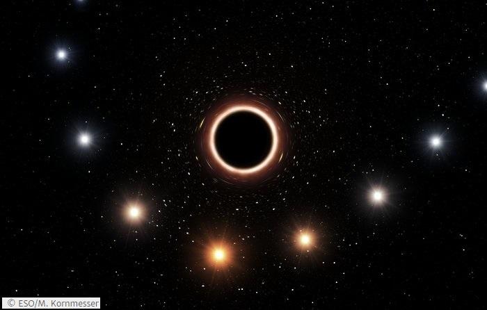 This artistâs impression shows the path of the star S2 as it passes very close to the supermassive black hole at the center of the Milky Way. As it gets close to the black hole the very strong gravitational field causes the color of the star to shift slightly to the red, an effect of Einsteinâs general theory of relativity. In this graphic the color effect and size of the objects have been exaggerated for clarity. Image: ESO/M. Kornmesser