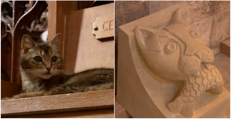 Doorkins the cat: the real thing (left) and the corbel for posterity. Reuters video