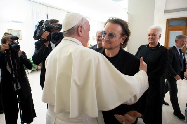 U2 rock band frontman Bono Vox meets Pope Francis at the Vatican September 19, 2018. Vatican Media/&Acirc;&shy;Handout via REUTERS