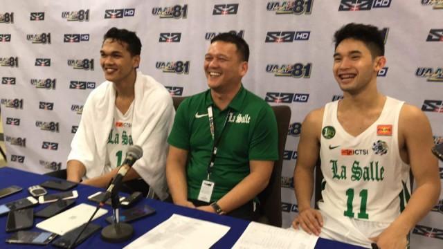 Justine Baltazar, DLSU head coach Louie Gonzales, and Aljun Melecio during the post-game press conference after they defeated the NU Bulldogs on Wednesday at the Mall of Asia Arena. PHOTO BY JUSTIN KENNETH CARANDANG
