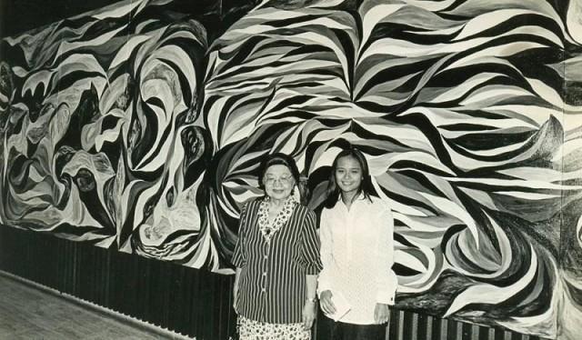 The artist and her mother in front of Soliloquy. Photo courtesy of Edwin Tuyay