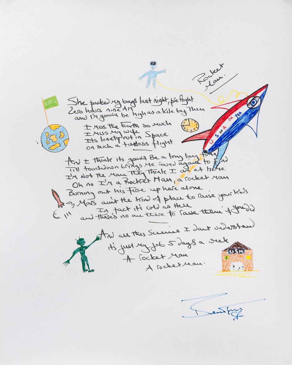Songwriter Bernie Taupin's "Rocket Man" lyrics are written out in this Julien's Auctions image released from Culver City, California, US, September 28, 2018. It is included in the upcoming auction event to celebrate the 50th anniversary of Taupin's writing partnership with pop culture icon Sir Elton John. Courtesy Julien's Auctions/Handout via REUTERS
