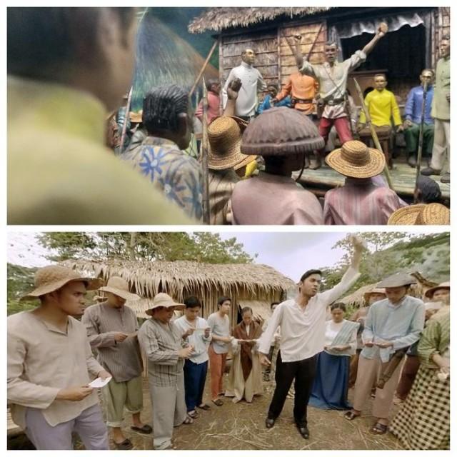 The Cry of Pugad Lawin, as a diorama (top) and in 'Emergence of the Filipino Nation' (bottom). Film still provided by the Ayala Museum.