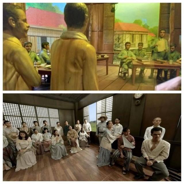 The trial of Andres Bonifacio, as a diorama (top) and in 'Emergence of the Filipino Nation' (bottom). Film still provided by the Ayala Museum. 