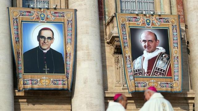 Pope Francis on Sunday, October 14, 2018, made saints of Salvadoran Archbishop Oscar Romero, assassinated by a right-wing death squad; and Pope Paul VI, who enshrined the Church's opposition to contraception. REUTERS/Alessandro Bianchi