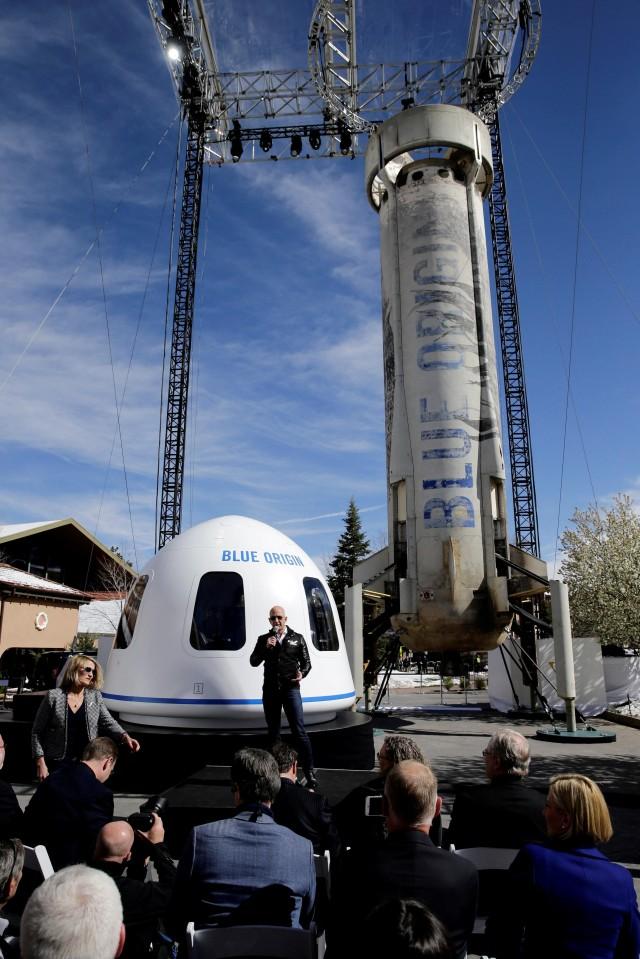 Amazon and Blue Origin founder Jeff Bezos addresses the media about the New Shepard rocket booster and Crew Capsule mockup at the 33rd Space Symposium in Colorado Springs, Colorado, U.S., April 5, 2017. REUTERS/Isaiah J. Downing/File Photo