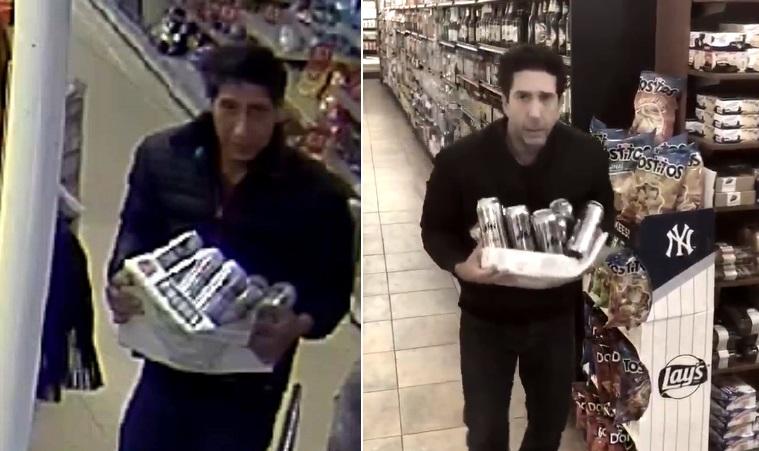The alleged beer thief (left) and actor David Schwimmer in a similar pose (right)