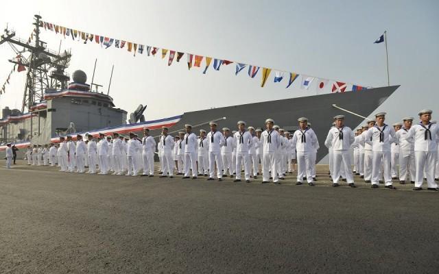 Taiwan sailors parade in front of a new frigate during a ceremony to commission two Perry-class guided missile frigates from the US into the Taiwan Navy, in the southern port of Kaohsiung on November 8, 2018. Chris Stowers/AFP
