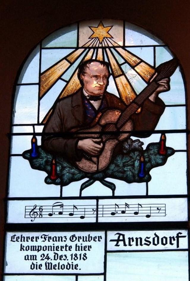This photo taken 10 December 2003 shows a stained glass window showing a portrait of composer Franz Xaver Gruber at the Silent-Night-Memorial-Chapel in Austrian village of Oberndorf. The Silent-Night-Chapel stands on the original site of St. Nikolaus Church where Christmas carol "Silent Night! Holy Night!" was heard for the first time on Christmas Eve in 1818. Joe KLAMAR / AFP