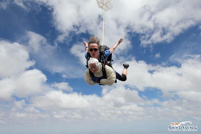 Irene O'Shea takes part in skydive with jump instructor Jed Smith above Langhorne Creek, Australia December 9, 2018 in this handout image from SA Skydiving obtained via social media by Reuters December 14, 2018.