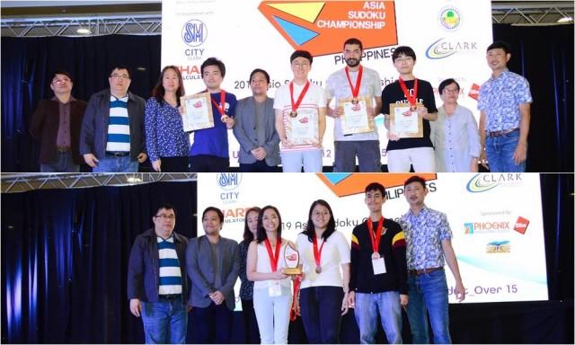 Top photo: 2019 Asia Sudoku Championship Over 15 division gold medalists (with medals from left) Japan&acirc;s Kota Morinishi, South Korea&acirc;s Seungjae Kwak, India&acirc;s Rohan Rao and Japan&acirc;s Ken Endo, and (bottom photo) Filipino silver medalists Candice Renee Solidarios (center) and Kaye Janelle Yao (3rd from right), and bronze medalist Ralph Joshua Sarrosa (2nd from right) with MTG officers and guests at the awarding ceremony held at SM City Clark. Photo: MTG