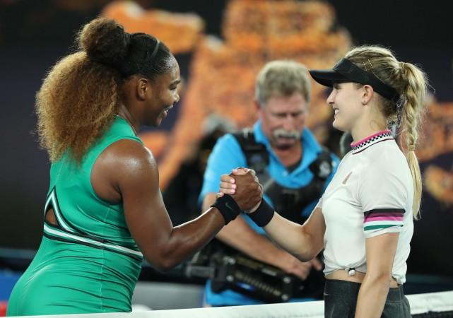 Serena Williams of the US and Canada's Eugenie Bouchard shake hands after the match at the Melbourne Park, Melbourne, Australia, January 17, 2019. . REUTERS/Lucy Nicholson