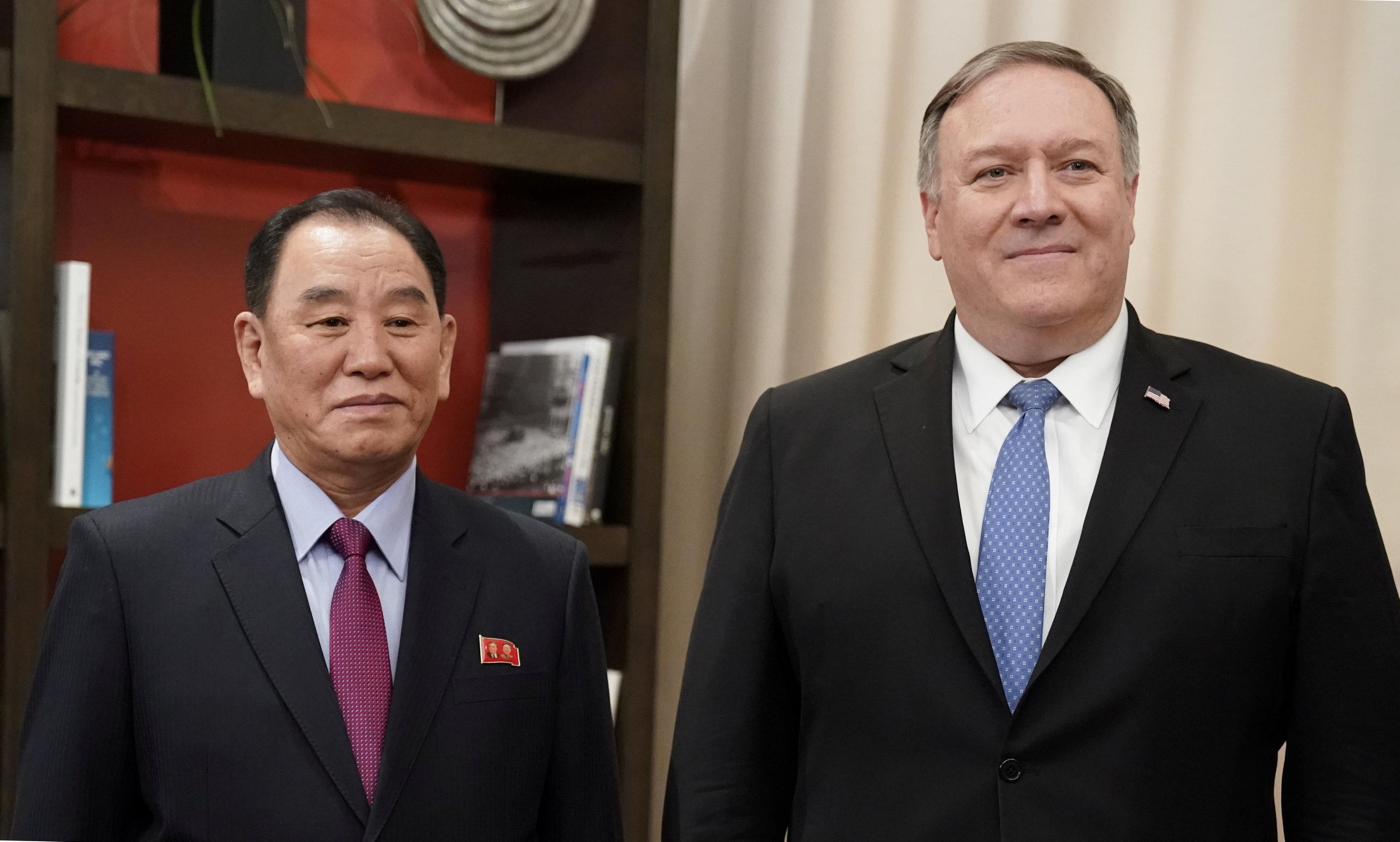 Fiie photo of US Secretary of State Mike Pompeo with Vice Chairman of the North Korean Workers' Party Committee Kim Yong Chol, North Korea's lead negotiator in nuclear diplomacy with the United States at a hotel in Washington, US, January 18, 2019. REUTERS/File photo