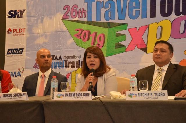 Travel Tour Expo (TTE) 2019 chairperson Marlene Dado Jante (center) with newly elected Philippine Travel Agencies Association president Ritchie Tuano (right) and Citibank cards & loans head Mukul Sukhani.