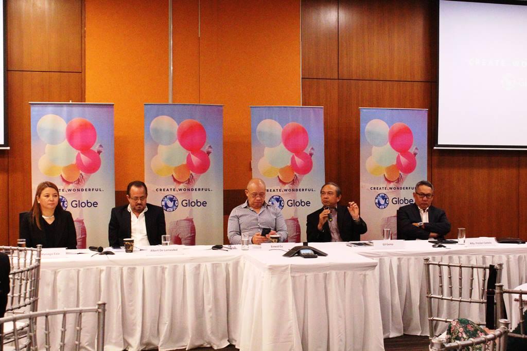 Globe Telecom Inc. staged a press conference on the companyâ€™s 2018 financial results, with (left to right) CFO Rizza Maniego-Eala, chief commercial officer Albert de Larrazabal, president and CEO Ernest Cu, chief technology officer Gil Genio, and legal counsel Froilan Castelo. â€”Globe