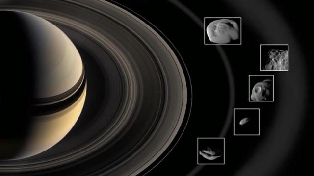 This NASA image released March 28, 2019 shows how during super-close flybys of Saturn's rings, NASA's Cassini spacecraft inspected the mini-moons Pan and Daphnis in the A ring; Atlas at the edge of the A ring; Pandora at the edge of the F ring; and Epimetheus, which is bathed in material that fans out from the moon Enceladus, the mini-moons' diameter ranges from 5 miles (8 kilometers) for Daphnis to 72 miles (116 kilometers) for Epimetheus, the rings and the moons depicted in this illustration are not to scale. HO / NASA-JPL/Caltech / AFP