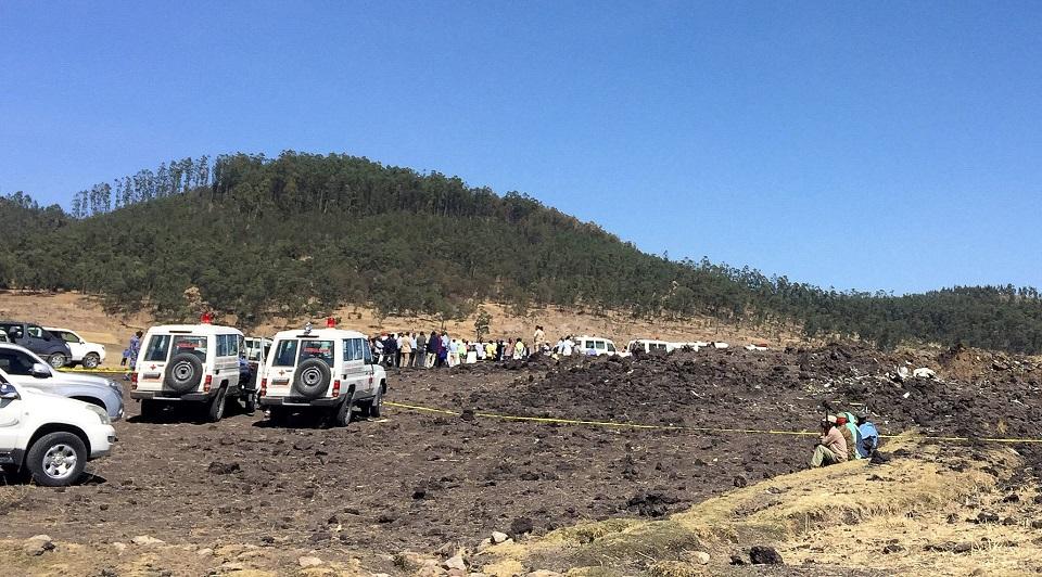 A general view shows the scene of the Ethiopian Airlines Flight ET 302 plane crash, near the town of Bishoftu, southeast of Addis Ababa, Ethiopia March 10, 2019. REUTERS/Tiksa Negeri