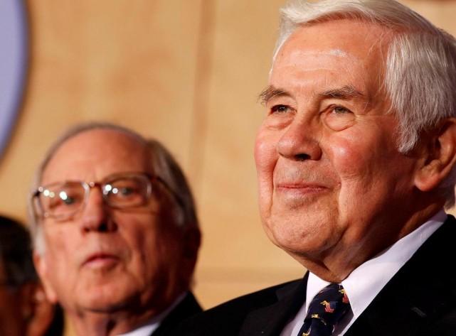 US Senator Richard Lugar (R) joins co-chairman and chief executive officer of the Nuclear Threat Initiative Sam Nunn as they listen at the Nunn-Lugar Cooperative Threat Reduction symposium at the National Defense University in Washington, December 3, 2012. REUTERS/Larry Downing/File Photo