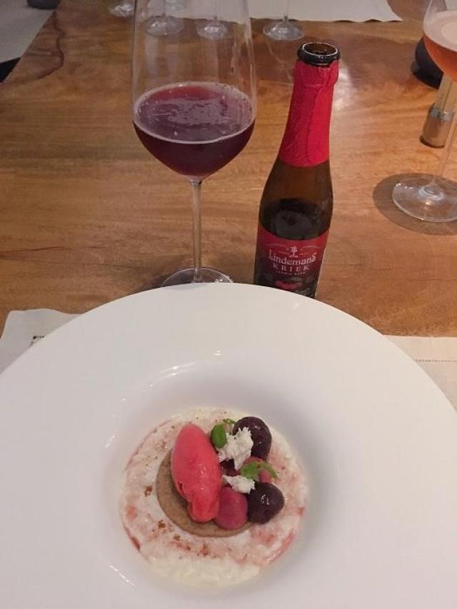 The dessert of creamy pudding went very well with a fruity beer.