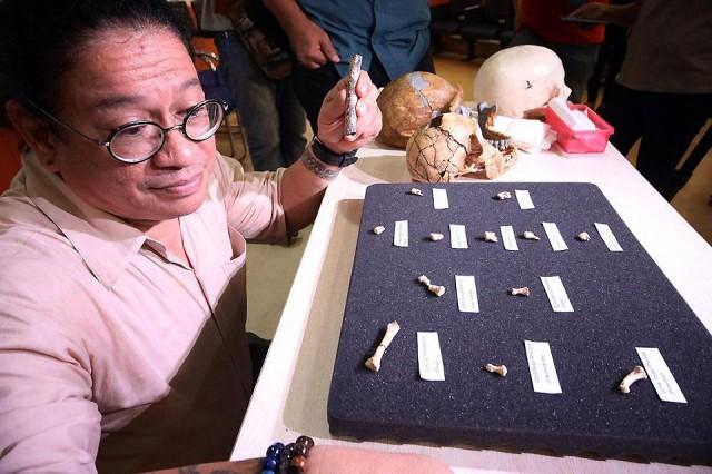 UP Archaeological Studies Program Associate Professor Dr. Armand Salvador Mijares on April 11, 2019 shows hominid fossils and teeth from at least three individuals from a new human species, Homo luzonensis, from an excavation site inside Callao Cave in Pe&Atilde;&plusmn;ablanca, Cagayan. GMA News