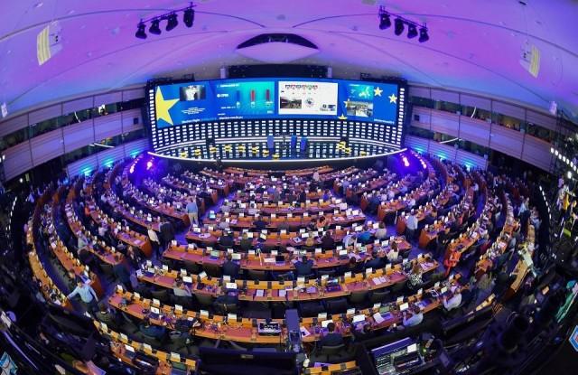 A view of the inside of the European Parliament hemicycle where journalists are attending the European elections results in the European Parliament in Brussels on May 26, 2019. Emmanuel Dunand/AFP