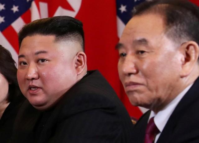 File photo of North Korea's leader Kim Jong Un and Kim Yong Chol, Vice Chairman of the North Korean Workers' Party Committee, attend the extended bilateral meeting in the Metropole hotel with US President Donald Trump and his delegation during the second North Korea-US summit in Hanoi, Vietnam February 28, 2019. REUTERS