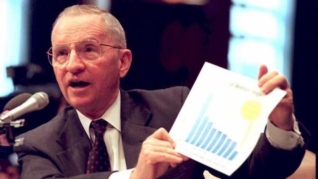 Texas billionaire Ross Perot testifies before a US Senate Banking Committee on the Mexican Peso crisis and the Clinton Administration's proposed loan guarantee package to Mexico in 1995. Renaud Giroux/AFP