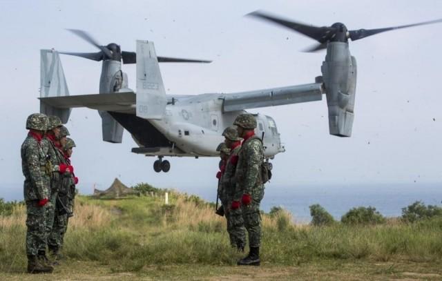 A US Marine Corps MV-22 Osprey assigned to Marine Medium Tiltrotor Squadron 262 attached to the 31st Marine Expeditionary Unit, III Marine Expeditionary Force, takes off from Marine Barracks Gregorio Lim during exercise KAMANDAG 2 at Ternate, Cavite on Oct. 7, 2018. Photo: Lance Corporal Ryan Persinger/DVIDS