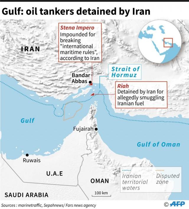 IRAN-USA-DIPLOMACY-BRITAIN Peta Selat Hormuz menemukan kapal tanker minyak yang ditahan oleh Iran.  AFP