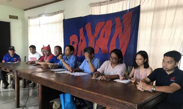 Bayan denounces President Duterte's gving China fishing rights in the West Philippine Sea at a media briefing on July 18, 2019. Joviland Rita