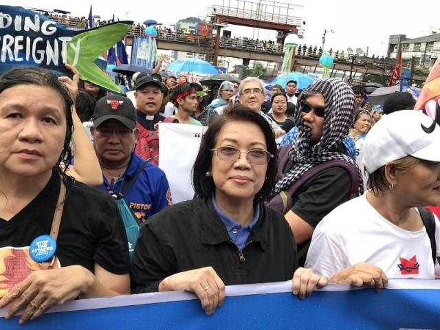 Former Supreme Court Chief Justice Maria Lourdes Sereno joins a protest on Commonwealth Avenue in Quezon City against President Rodrigo Duterte's State of the Nation Address on July 22, 2019. Joviland Rita