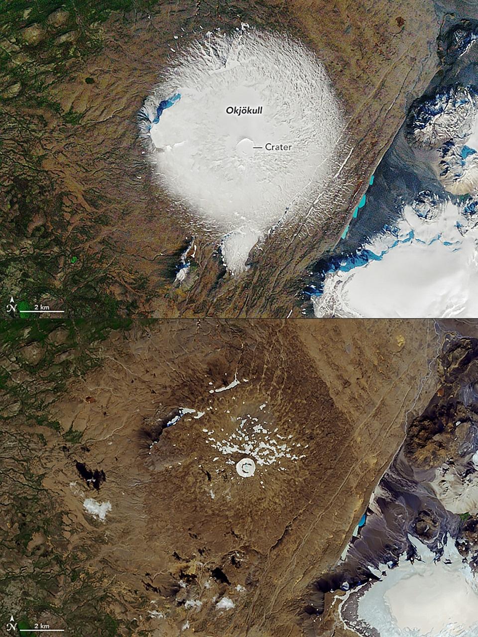 This combination created on August 09, 2019 shows a NASA handout image taken on September 7,1986 showing the OkjÃ¶kull glacier atop the Ok Volcano in Iceland (top). And a NASA handout image taken on August 1, 2019 showing the top of the Ok Volcano where the Okjokull glacier has melted away throughout the 20th century and was declared dead in 2014. NASA/AFP