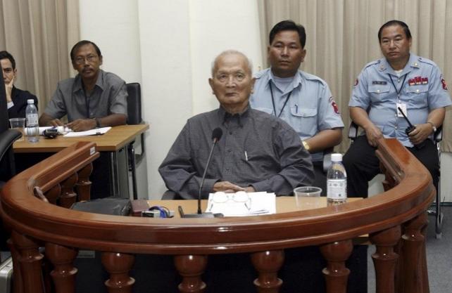Nuon Chea, Pol Pot's right hand man of the Khmer Rouge regime, sits in the dock during his first public appearance at the Extraordinary Chambers in the Courts of Cambodia (ECCC) on the outskirts of Phnom Penh February 4, 2008. REUTERS/Chor Sokunthea