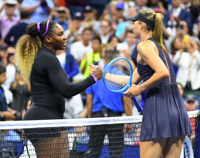 Serena Williams of the USA shakes hands with Maria Sharapova of Russia after their first round match on day one of the 2019 US Open tennis tournament at USTA Billie Jean King National Tennis Center. Credit: Robert Deutsch-USA TODAY Sports