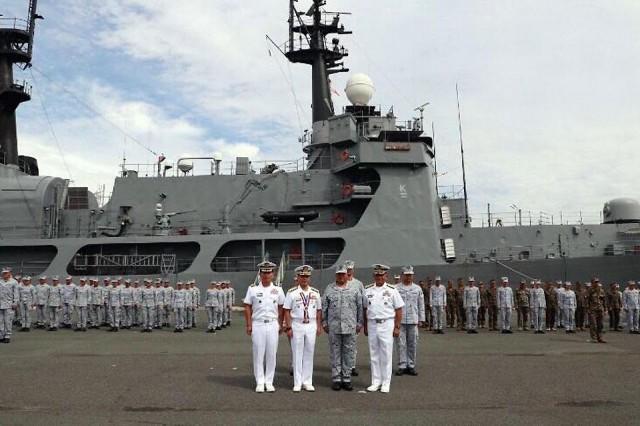 The Philippine Navy on Thursday, August 29, 2019 holds a send off ceremony led by Vice Admiral Robert Empedrad (center) for its Del Pilar-class patrol ship, BRP Ramon Alcaraz, which is departing for Sattahip, Thailand to participate in the inaugural ASEAN-United States Maritime Exercise (AUMX) on September 2-6, 2019. PN photo
