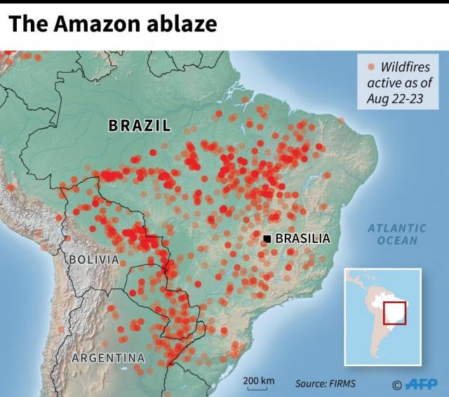 Map locating wildfires in the Amazon as of Aug 22-23 Agence-France Presse