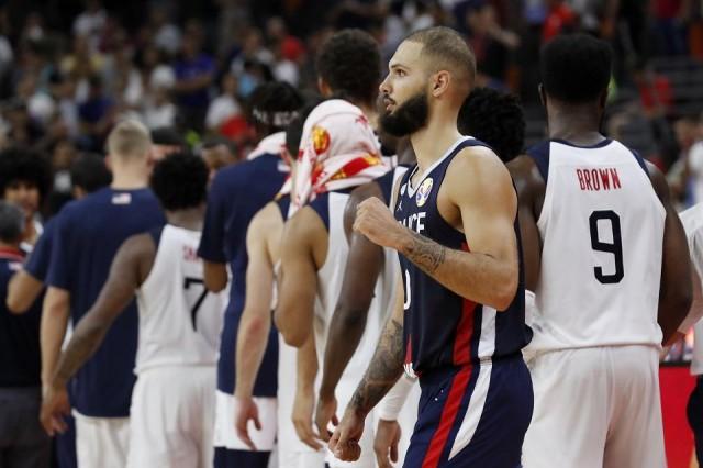 France's Evan Fournier celebrates victory after the match against the US team at the Dongguan Basketball Center, Dongguan, China on September 11, 2019. REUTERS/Kim Kyung-Hoon