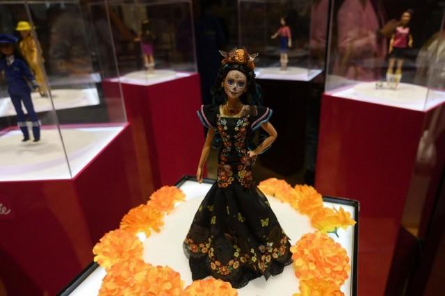 A Barbie doll "Death Day" version is displayed during the presentation in Mexico City, on September 12, 2019. PEDRO PARDO / AFP