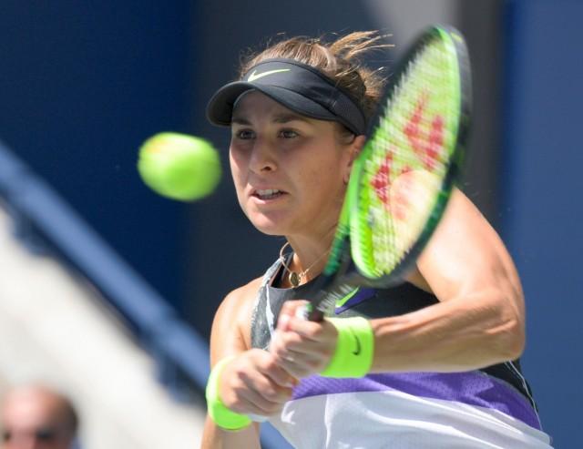 Belinda Bencic of Switzerland hits to Donna Vekic of Croatia in a quarterfinal match on day ten of the 2019 U.S. Open tennis tournament at USTA Billie Jean King National Tennis Center. Mandatory Credit: Robert Deutsch-USA TODAY Sports