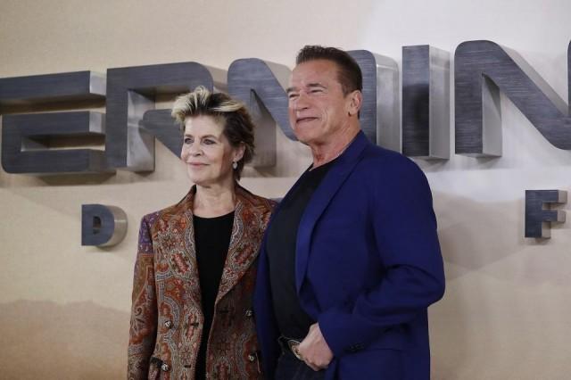 Austrian-US actor Arnold Schwarzenegger and US actress Linda Hamilton pose during a photo call to promote the film Terminator: Dark Fate in London on October 17, 2019. Hamilton and Schwarzenegger reprise their iconic roles in the forthcoming sixth installment in the Terminator franchise. Tolga Akmen/AFP