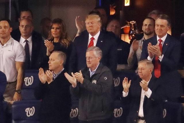 President Donald Trump attends Game Five of the 2019 World Series between the Houston Astros and the Washington Nationals at Nationals Park on October 27, 2019 in Washington, DC. Win McNamee/Getty Images/AFP