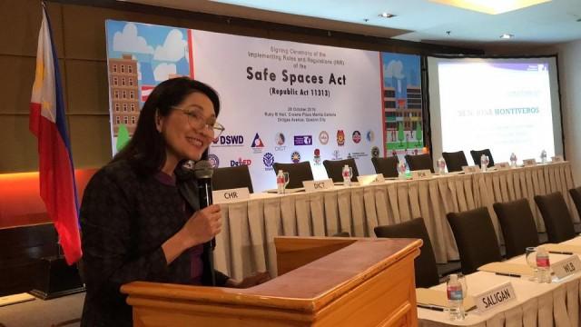 Senator Risa Hontiveros smiles at the signing ceremony for the Implementing Rules and Regulations of the Bawal Bastos Law in Quezon City on Monday, October 28, 2019. Joviland Rita