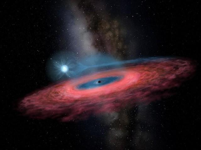This handout received from the Beijing Planetarium via the China Academy of Sciences on November 26, 2019 shows a rendering by artist Yu Jingchuan of the accretion of gas onto a stellar black hole from its blue companion star, through a truncated accretion disk. Astronomers have discovered a black hole in the Milky Way so huge that it challenges existing models of how stars evolve, researchers announced on November 28. Yu Jingchuan/Beijing Planetarium via the China Academy of Sciences / AFP