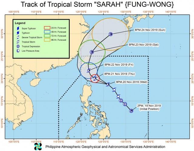 Track of Tropical Storm Sarah as of 10 p.m. on Nov. 20, 2019. PHOTO FROM PAGASA WEBSITE