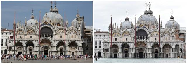A combination picture shows tourists in front of the St. Mark's Basilica in Venice, Italy, August 3, 2017, and a general view of the St. Mark's Basilica, as high tide reaches peak, in Venice, Italy November 15, 2019. REUTERS/Stefano Rellandini, Flavio Lo Scalzo