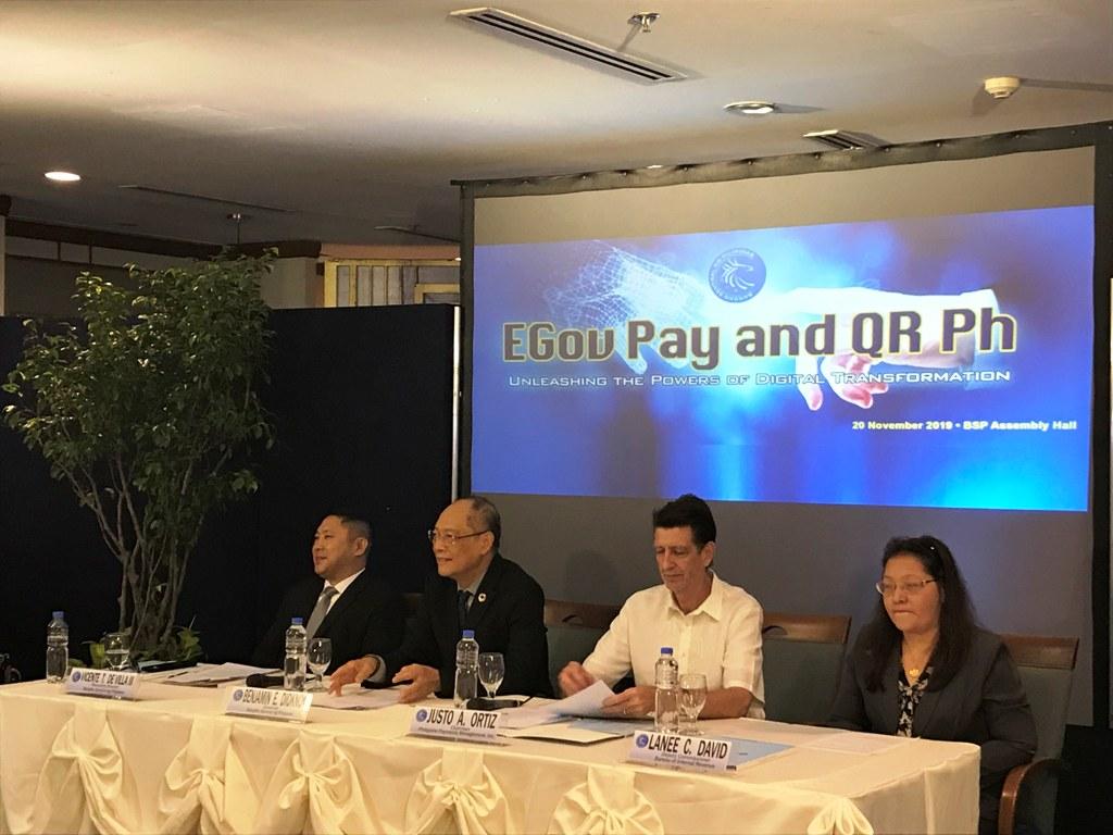 The BSP on Wednesday, November 20, 2019, launched two new payment initiatives under the National Retail Payment System (NRPS). One is the Government e-Payments (EGovPay) Facility which enables government agencies to accept digital payments. The other is QRPh or the national standard for quick response codes across the Philippines which will integrate all digital payment solutions. In photo, left to right are Bangko Sentral ng Pilipinas (BSP) Managing Director for the Financial Technology Sub-Sector Vicente De Villa III, BSP Governor Benjamin Diokno, Philippine Payments Management Inc. chairman Justo Ortiz, Bureau of Internal Revenue Deputy Commissioner Lanee David.