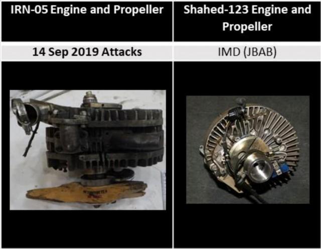 A comparison of engines (L) involved in the September 14, 2019 attack on an Aramco oil facility in Saudi Arabia and from the Shahed-123, displayed in the Iranian Materiel Display, are shown in this handout image provided by a U.S. government source. US government/Handout via REUTERS